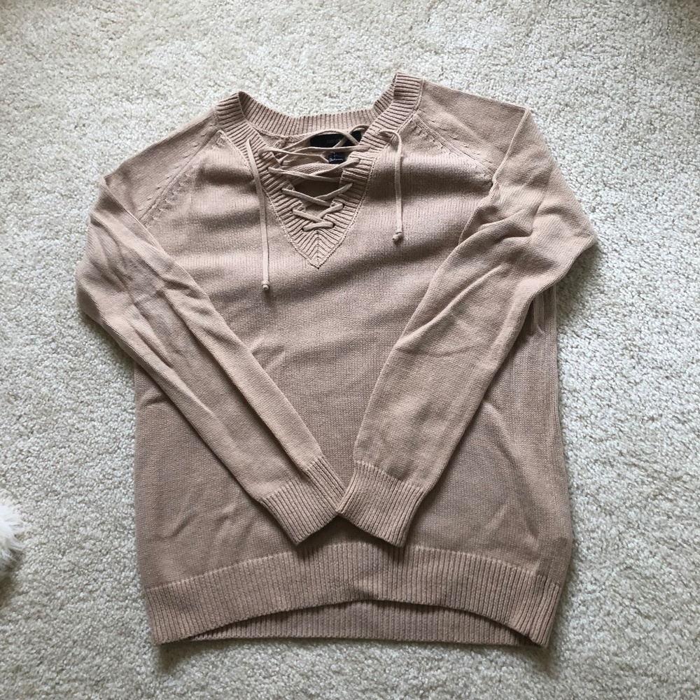 tan lace up sweater